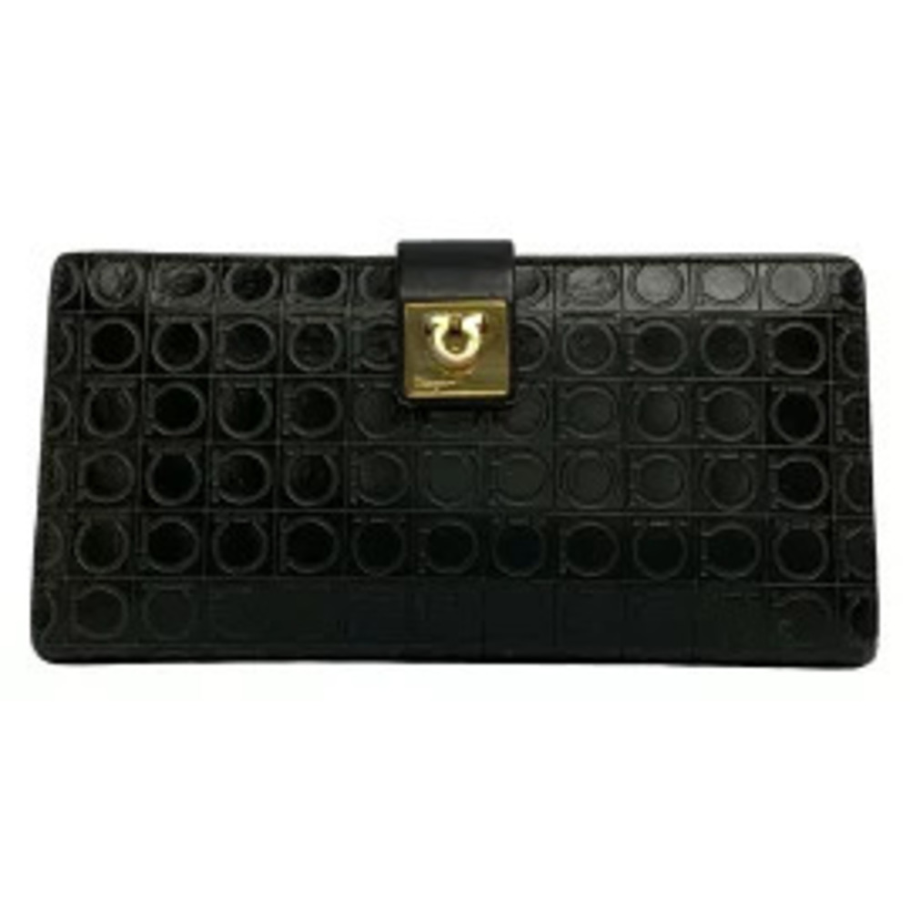 Salvatore Ferragamo Salvatore Gancini Long Wallet Embossed Leather Black